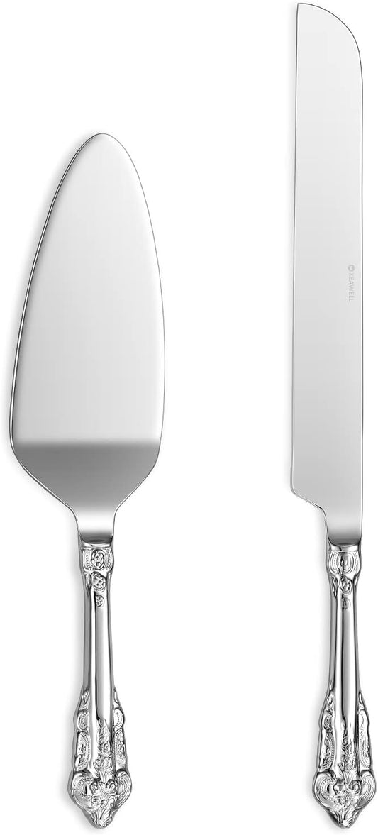 KEAWELL Gorgeous Wedding Cake Knife and Server Set, 18/10 Stainless Steel, Fine Luxury Cake Cutting Set (Silver)