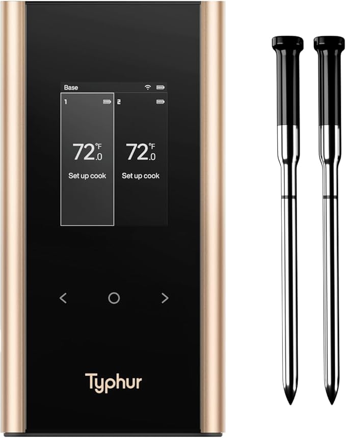 Typhur Sync Gold Wireless WiFi Meat Thermometer, 2 Slim Probes, 6 Sensors, 10x Stronger Signal, ±0.5℉ Accuracy, Smart Base Direct Setup, Reliable Reading Through Kamado Grill BBQ Oven Smoker Air Fryer