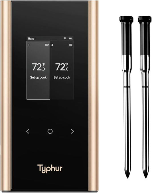 Typhur Sync Gold Wireless WiFi Meat Thermometer, 2 Slim Probes, 6 Sensors, 10x Stronger Signal, ±0.5℉ Accuracy, Smart Base Direct Setup, Reliable Reading Through Kamado Grill BBQ Oven Smoker Air Fryer