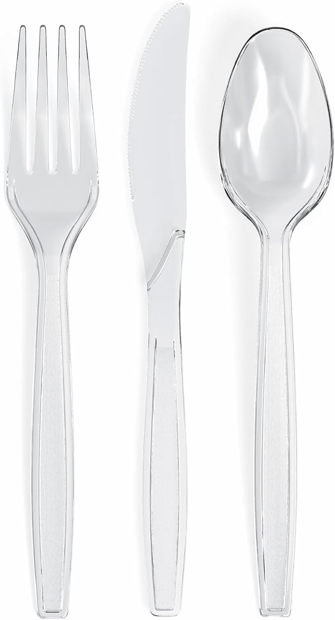 Prestee 600 Piece Plastic Silverware Set - Includes 200 Plastic Forks, 200 Spoons, and 200 Knives - Heavy Duty Flatware - Bulk Disposable Utensils for Weddings, Holidays, Christmas, and Party Events