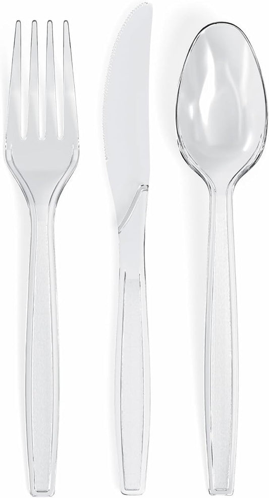 Prestee 600 Piece Plastic Silverware Set - Includes 200 Plastic Forks, 200 Spoons, and 200 Knives - Heavy Duty Flatware - Bulk Disposable Utensils for Weddings, Holidays, Christmas, and Party Events