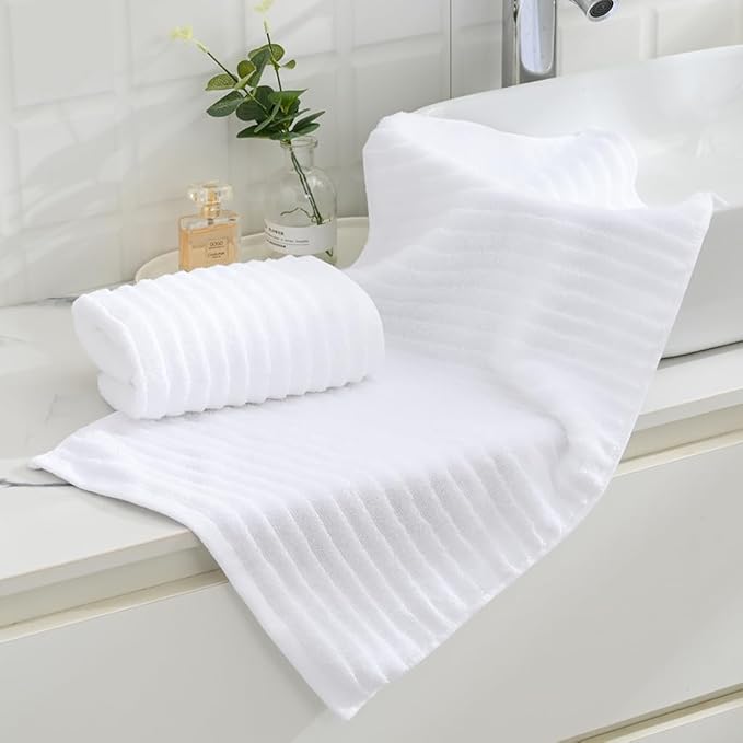 sense gnosis 100% Cotton White Hand Towel Set of 2 Thick Stereoscopic Ladder Striped Soft Quick Dry and Absorbent Bathroom Decorative Hand Towel 13 x 29 Inch