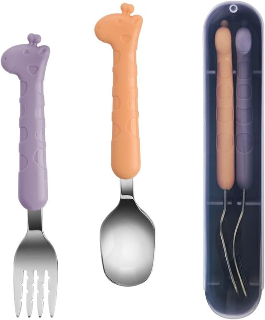 Stainless Steel Travel Kid Cutlery Set with Portable Case, Safe Toddler Spoon and Fork Set for Self-Feeding, Ideal Toddler Utensil Set for School Lunch, Travel, & Outdoors, Dishwasher Safe (Purple)