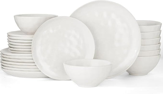 Famiware Dinnerware Sets for 8, Ocean Round 24-Piece Kitchen Plates and Bowls Sets, Microwave and Dishwasher Safe, Scratch Resistant, Matte White