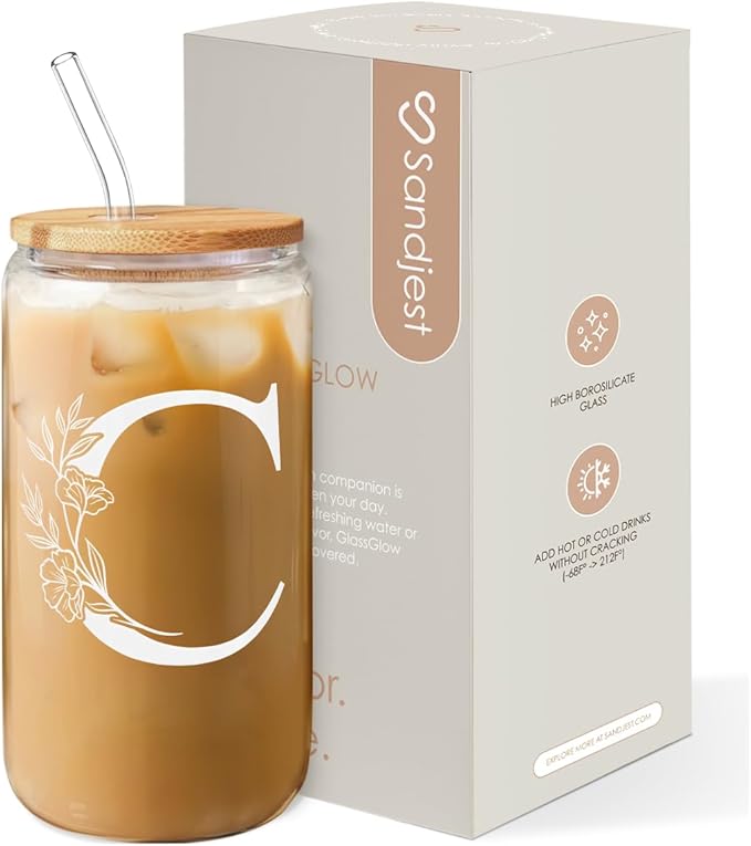 SANDJEST Monogrammed Gifts for Women - Monogram C Initial Glass Cup 16 Oz Can Coffee Cups with Lid and Straw - Monogram Initials Gifts for Womens on Birthday