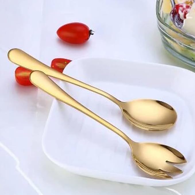 Salad Servers Stainless Steel Salad Serving Set Salad Spoon and Fork Set Kitchen Cooking Utensil Cutlery Gifts Set of 6 (Gold)