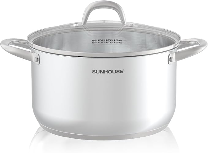 SUNHOUSE 8 Quart Stock Pot with Lid - 3-Ply Bottom Stainless Steel Pasta Cooking Canning Dutch Oven Pot - Induction Compatible for All Stovetops - Dishwasher Safe & Oven Safe
