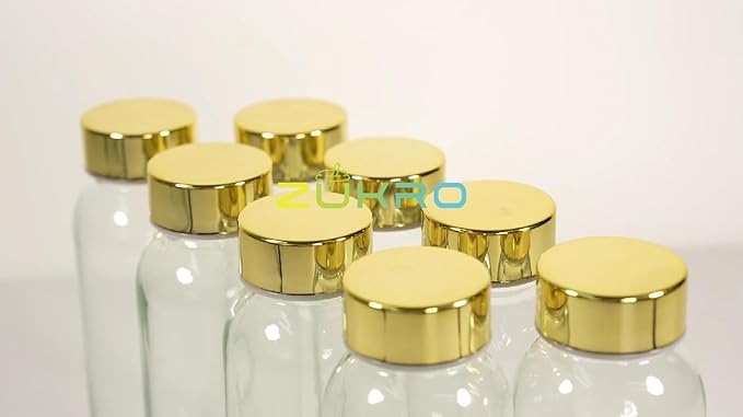 Zukro Glass Water Bottles with Gold Lids 10.5 oz, 8 Pack Clear Reusable Glass Small Juice Bottles for Juicing, Milk, Ginger Shot, Stainless Steel Cap, BPA-Free Leak Proof 300ml Drinking Container Jar