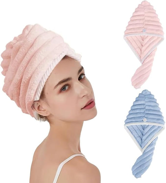 Microfiber Hair Towel Wrap for Women, 2Pack Super Absorbent Hair Turbans for Wet Hair,Curly Hair, Straight,Long.Anti Frizz Drying Towel.(Blue+Pink)