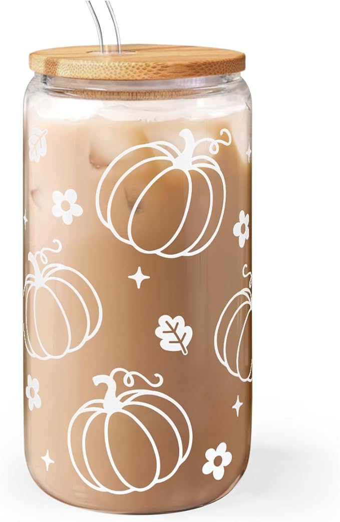Pumpkin 16oz Can Glass Tumbler with Acrylic Lid & Straw, Iced Coffee Cup for Women Girls, Fall Aesthetic Cups Gifts