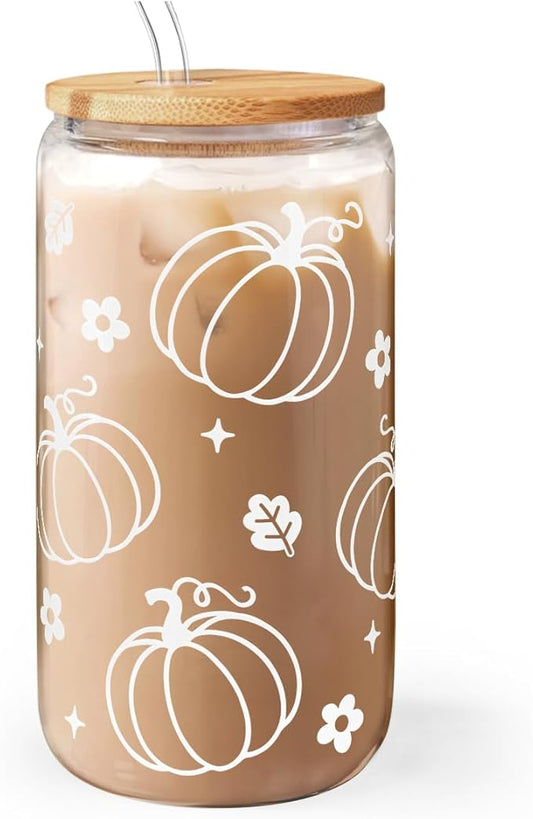 Pumpkin 16oz Can Glass Tumbler with Acrylic Lid & Straw, Iced Coffee Cup for Women Girls, Fall Aesthetic Cups Gifts