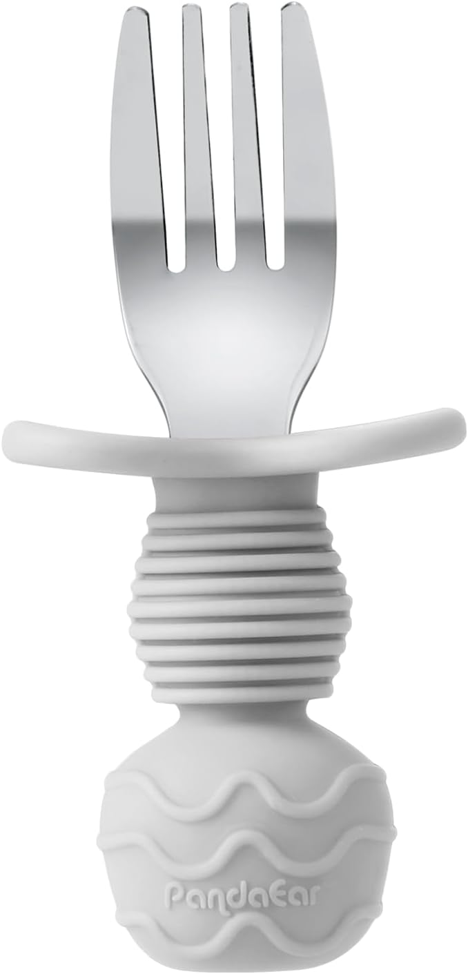 PandaEar 6 Pack Stainless Steel Toddler Spoons and Fork Feeding Set - Anti-Choke First Self Feeding Utensils for Kids Baby Boys Led Weaning Ages 18 Months+ (Blue/Grey/Peach)