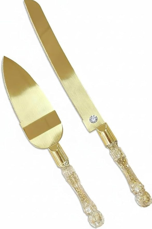 Wedding Cake Knife and Server Set, Cake Cutter and Pie Spatula, Cake Server and Knife Set of 2 with Plastic Handles, Titanium Gold Plated Blades, Cutting Set for Birthdays, and Parties (Glitter Gold)