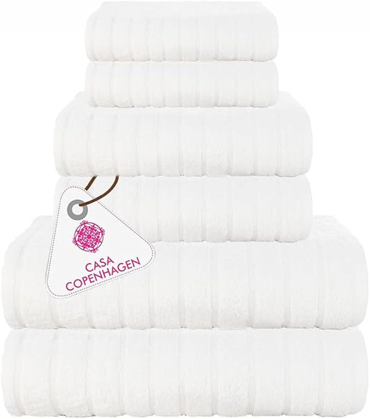 CASA COPENHAGEN Ecstatic Designed in Denmark 600 GSM Hotel & Spa, Kitchen & Bath Set of 6 Egyptian Cotton Towels - 2 Bath Towels, 2 Hand Towels, 2 Washcloths - White