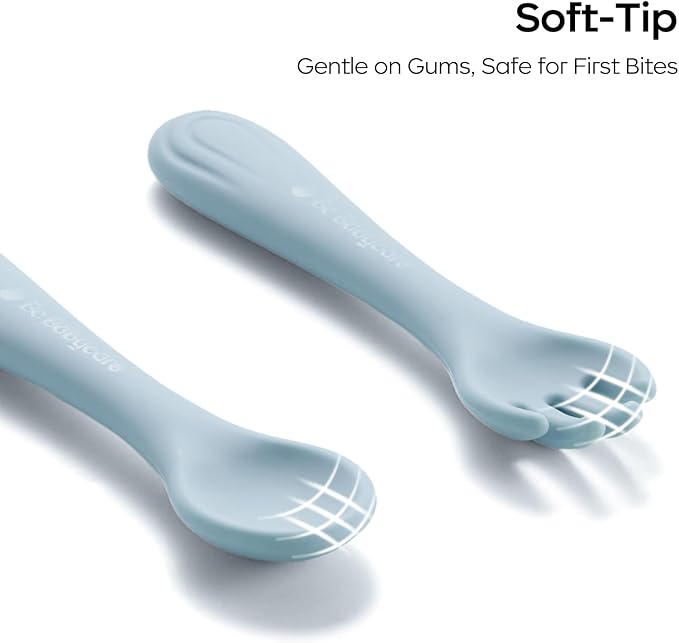 Bc Babycare Portable 4 Pack Baby & Toddler Self Feeding Fork and Spoon Set with Storage Case, BPA-Free Silicone Utensils for Boys and Girls, Safe & Easy to Carry, Green & Pink