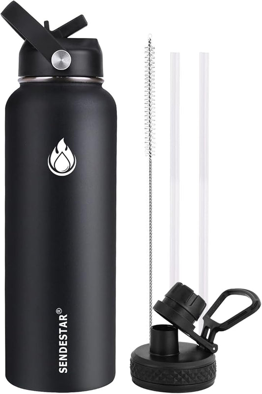 SENDESTAR Stainless Steel Water Bottle, Insulated Water Bottle 40 oz with New Straw Lid or Spout Lid Keeps Liquids Hot or Cold with Double Wall Vacuum Insulated Bottle (Black)