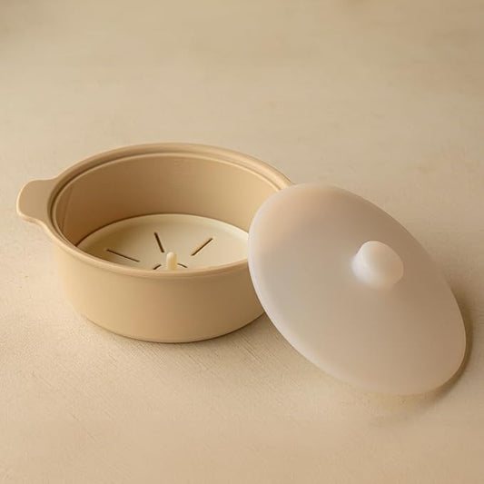 Microwave Silicone Steamer for Baby Food, Made In Korea, Oven & Dishwasher Safe to 482°F, Easy Clean, Microwave Pot with Handle & Lid, 100% Food Grade Steamer Bowl (Creme Brulee, 50.7oz (1500ml))