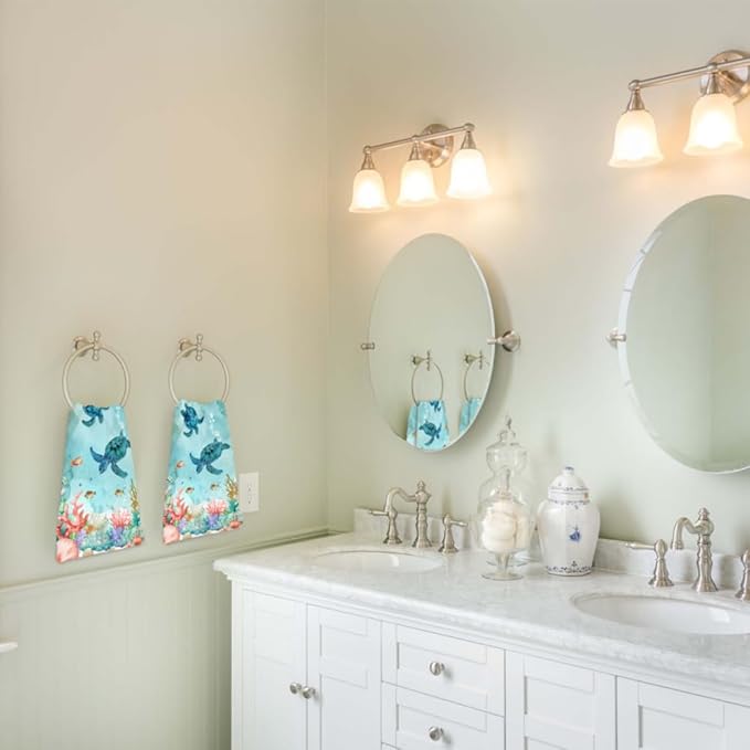 Sea Turtle Hand Towels Set of 2 - Breathable Ocean Beach Towels, Highly Absorbent Marine Life Coastal Bath Towels for Gym, Hotel, Summer Bathroom Decor - 28.7x13.7 Inch