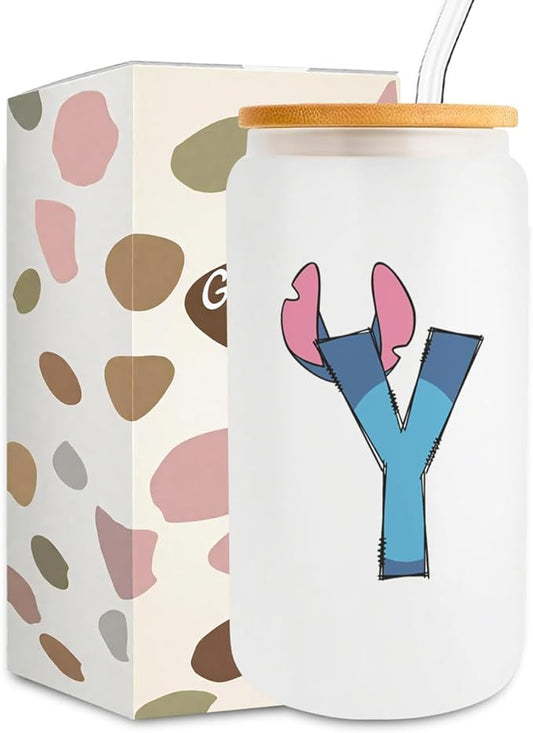 Cute Cartoon Lover Gifts Initial A-Z Personalized Iced Coffee Cup Cartoon Merch 16oz Glass Cup with Lid and Straws Birthday Christmas Gifts for Women Teen Girls Fans (Letter Y)