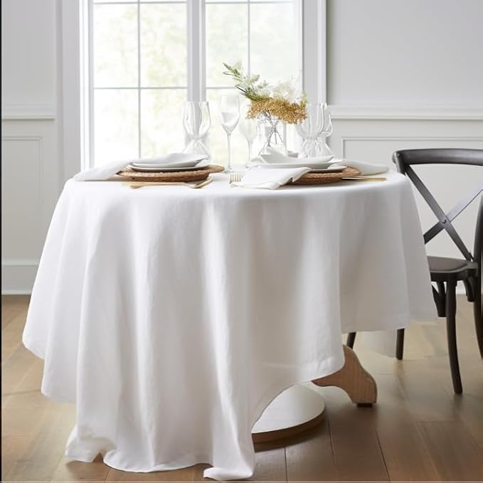 EVERLY 100% Pure Linen Round Tablecloth 60Inches for Dining,Buffet Parties,Picnic,Events,Weddings and Restaurants,Decorative Halloween,Thanksgiving Machine Washable Tablecloths-White