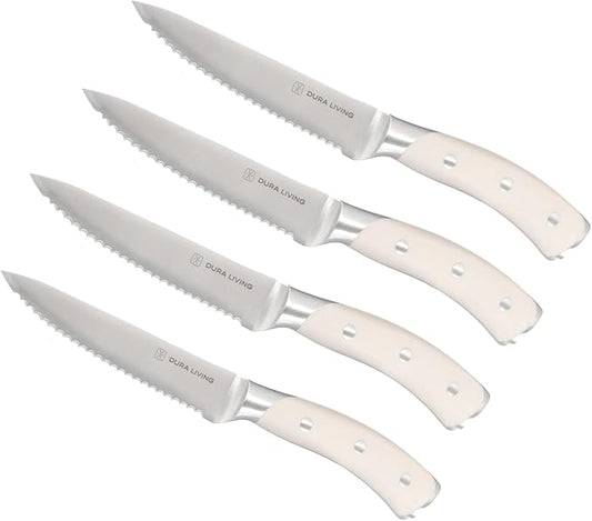 DURA LIVING 4-Piece Serrated Kitchen Steak Knife Set – Forged High Carbon Stainless Steel, Ultra Sharp, Ergonomic Black Handles, Durable Dinner Knives, Cream Handle