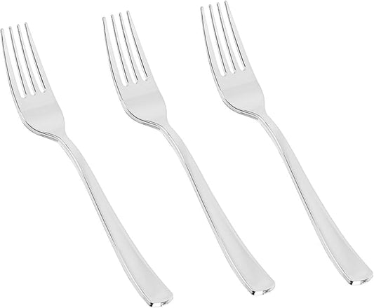N9R 50PCS Silver Plastic Forks, Solid, Durable and Heavy Duty Disposable Silverware Forks, Perfect Plastic Utensils for Party, Wedding and Daily Use