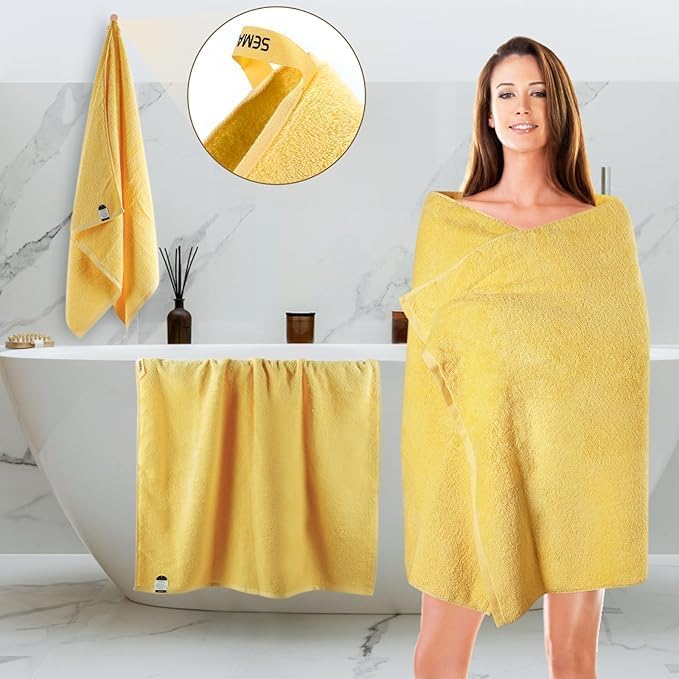 SEMAXE 4-Pack Luxury Bath Towels for Bathroom, 100% Cotton, Soft, Absorbent, and Quick-Drying, 55"x27", Yellow, Perfect for Hotels, Gyms, and Spas