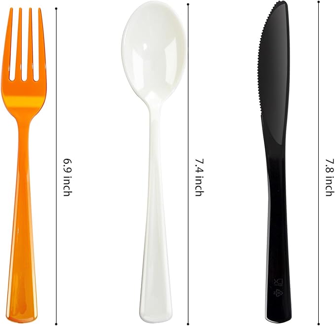 NOCCUR 180PCS Christmas Plastic Silverware Set - Tricolor Flatware Disposable Supplies Include 60 Black Knives, 60 Orange Forks, 60 White Spoons - Ideal for Thanksgiving Party