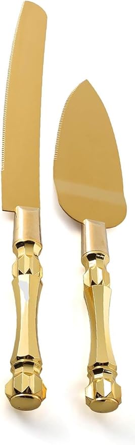 Homi styles Gold Elegant Cake Knife and Server Set, Cake Server and Knife Set of 2 with 420 Stainless Steel Plated Thick Blades, Cake Cutting Set for Wedding, Birthdays, Anniversaries, and Parties