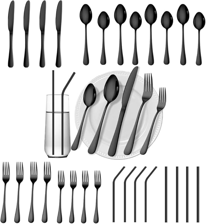 28 Pieces Black Silverware Service for 4 Flatware Set Stainless Steel Utensils Cutlery Set Dishwasher Safe
