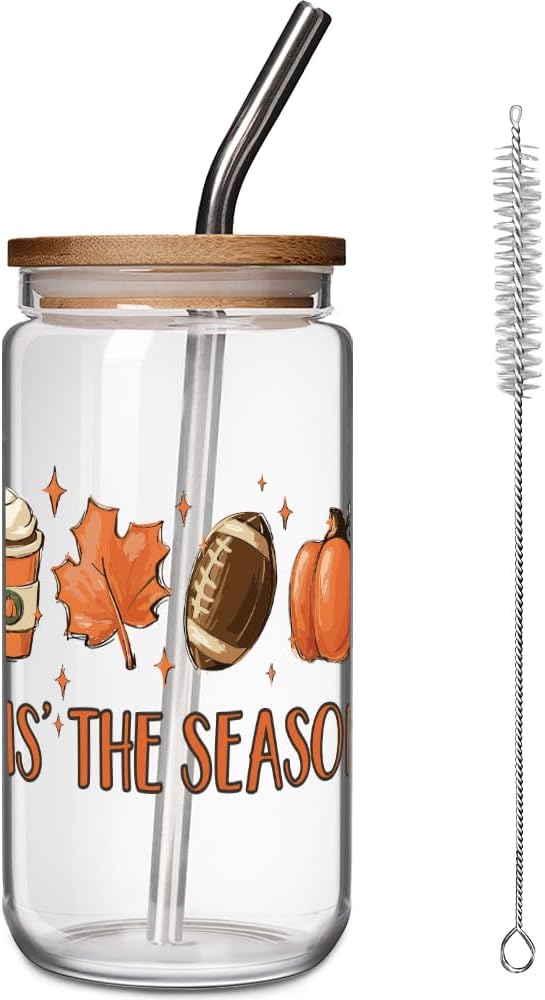 Pumpkin Fall Cup 16 OZ Glass Cups w/Lids Straws, Fall Decor, Tis the Season Pumpkin Mug, Autumn Gifts for Women