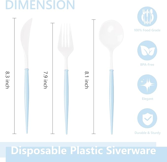 180PCS White Plastic Silverware with Blue Handle,Disposable Utensils Set Include 60 Forks,60 Knives,60 Spoons,Modern Heavy Duty Plastic Silverware Set for Party,Birthday,Wedding