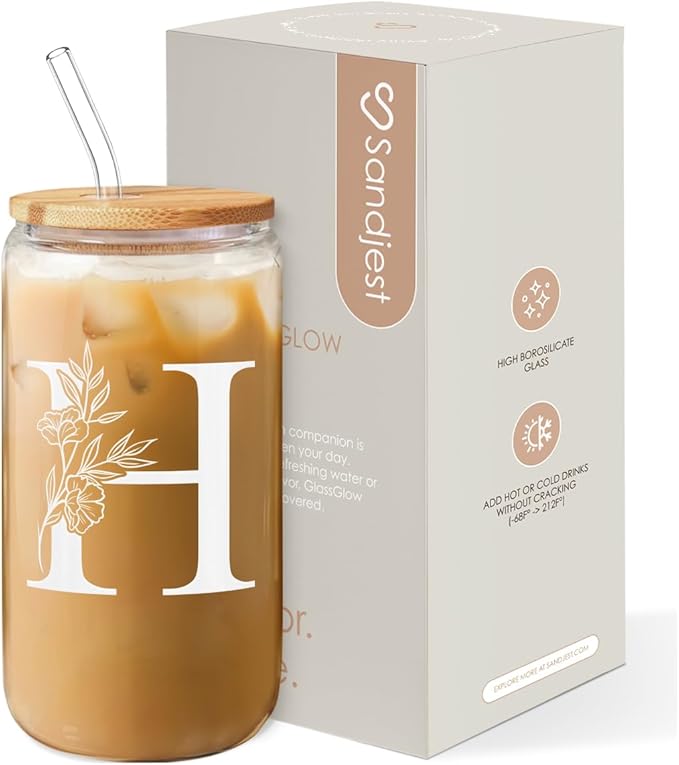 SANDJEST Monogrammed Gifts for Women - Monogram H Initial Glass Cup 16 Oz Can Coffee Cups with Lid and Straw - Monogram Initials Gifts for Womens on Birthday