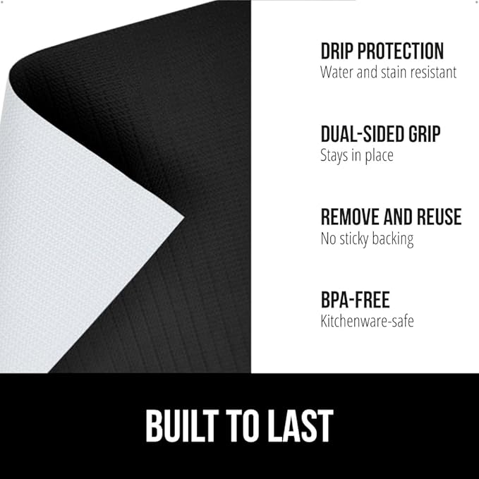GORILLA GRIP DripGuard Shelf Liner, Non Adhesive Drawer and Kitchen Cabinet Protector, Slip Resistant BPA Free Smooth Surface Plastic Liners for Cabinets, Bathrooms, Closets, 17.5x120 Inch, Black
