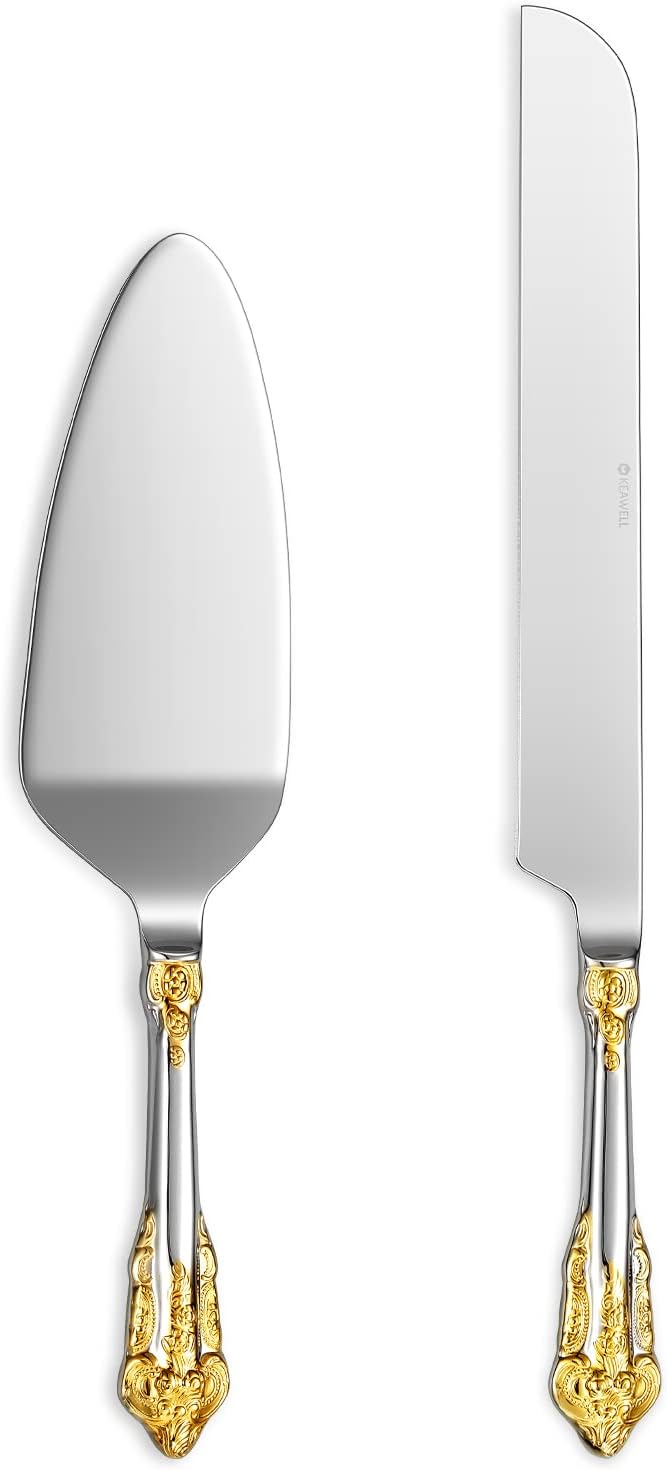 KEAWELL Gorgeous Wedding Cake Knife and Server Set, 18/10 Stainless Steel, Fine Luxury Cake Cutting Set (Gold Accent)