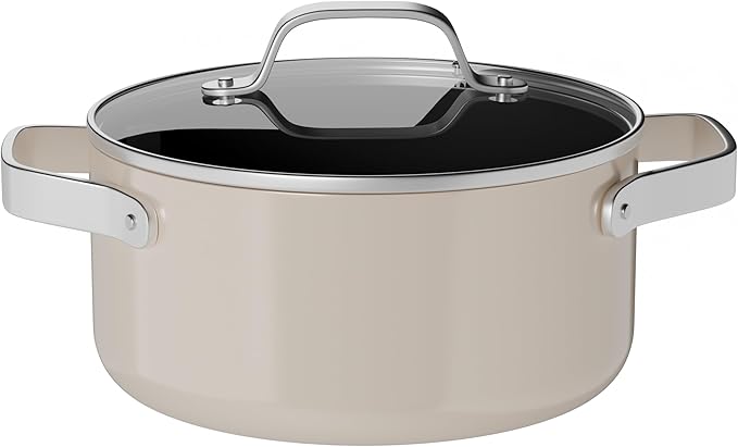 Bakken 8.5 Quart Ceramic Coated Stock Pot with Lid, Easy Clean Nonstick Pot, Tempered Glass Lid, Riveted Stainless Steel Handles, Oven Safe Up To 500°F, PTFE & PFAS Free, All Stove Compatible, Cream