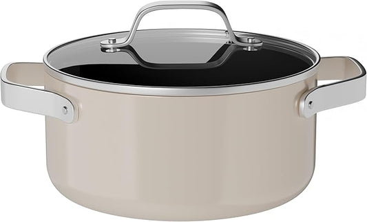 Bakken 8.5 Quart Ceramic Coated Stock Pot with Lid, Easy Clean Nonstick Pot, Tempered Glass Lid, Riveted Stainless Steel Handles, Oven Safe Up To 500°F, PTFE & PFAS Free, All Stove Compatible, Cream