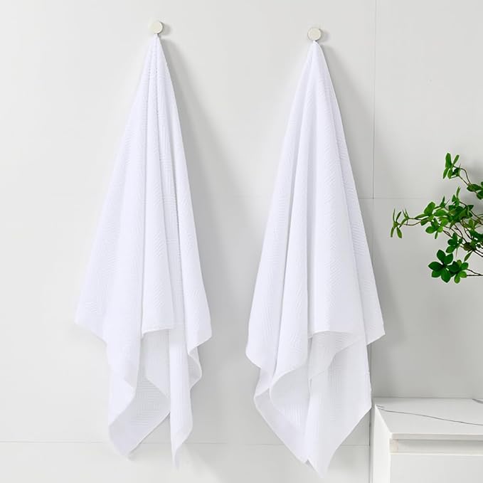 sense gnosis Snow White Bath Towel Set of 2 Striped Weave 100% Cotton Super Soft Highly Absorbent Summer Bath Towels for Bathroom 27x 55 Inch