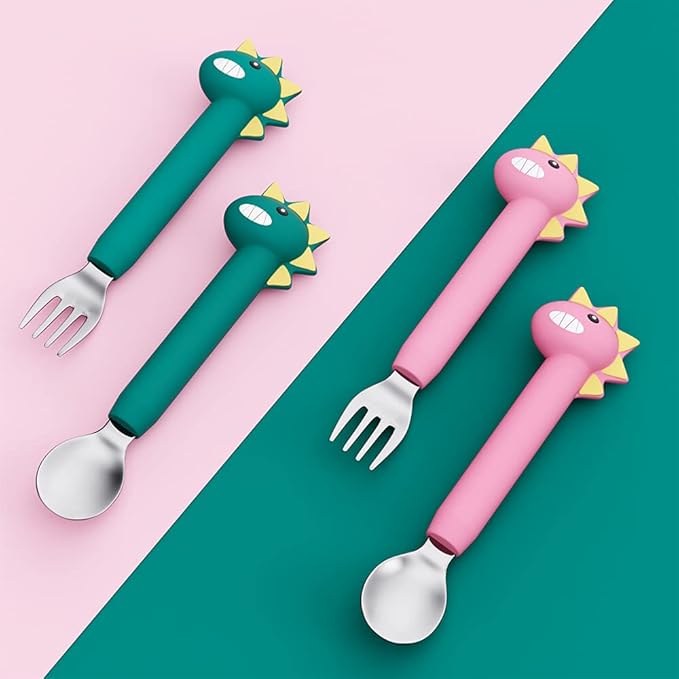 Baby Forks and Spoons Set Baby Training Utensils Self Feeding Toddler Silverware Silicone and Stainless Steel Kids and Toddler Utensil (Green Dinosaur - Long)