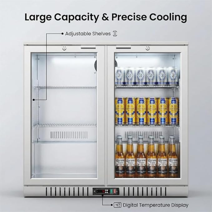 BODEGA BODEGACOOLER Back Bar Cooler With 2 Glass Doors,7.4 Cu.Ft Stainless Steel Commercial Back Bar Fridgewith LED Lighting, Counter Height Bar Beverage Cooler for Beer,Soda Drinks,Wine