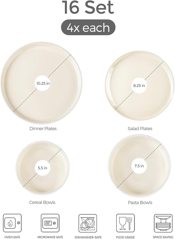 TheTerra Ceramic Dinnerware Sets with Pasta Bowls for 4, 16 Pieces Porcelain Lightweight Speckled Plates and Bowls Sets, Scratch Resistant Dish Set, Oven & Microwave & Dishwasher Safe, Beige