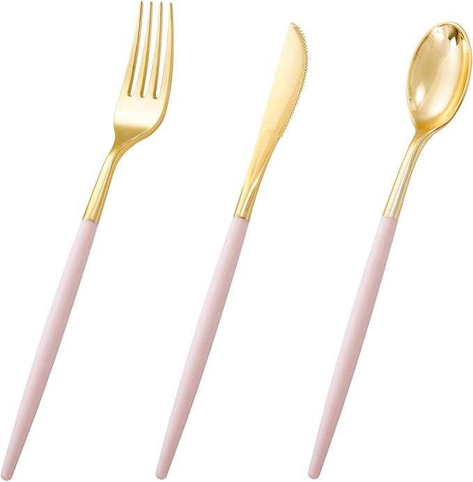 I00000 60 Pack Pink Plastic Silverware,Gold Disposable Flatware with Pink Handle, Gold Plastic Cutlery Set Includes: 20 Forks, 20 Knives and 20 Spoons, Tableware Set for Party and Wedding