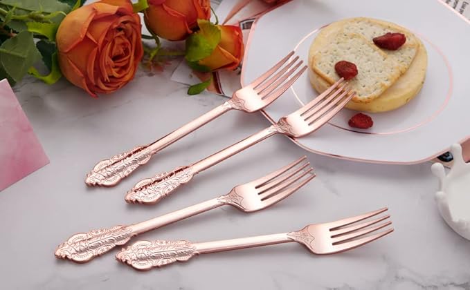 Ciaell 200PCS Rose gold Plastic Forks - Heavy Duty Plastic Forks - 7.48 Inch Heavyweight Rose gold Forks - Disposable rose gold Dessert Forks Perfect for Parties & Weddings & Restaurants