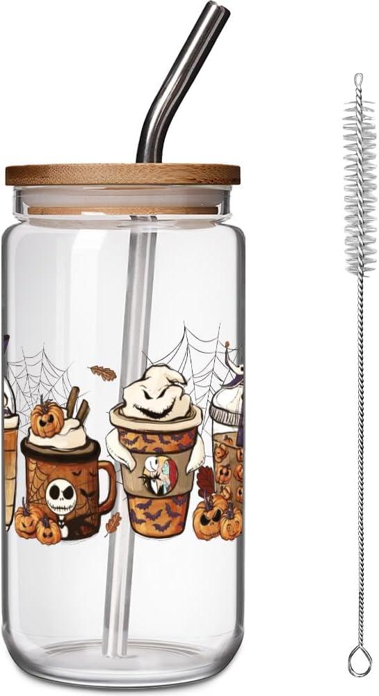 FALJIOK Skeleton Glass Cup w/Lid Straw 16OZ, Skull Coffee Cup, Skeleton Halloween Gifts for Coffee Lover, Witchy Gifts for Women Tarot Lovers