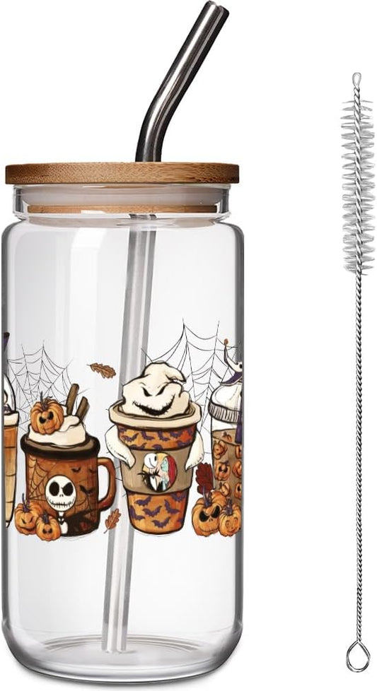 FALJIOK Skeleton Glass Cup w/Lid Straw 16OZ, Skull Coffee Cup, Skeleton Halloween Gifts for Coffee Lover, Witchy Gifts for Women Tarot Lovers