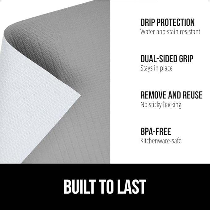 GORILLA GRIP DripGuard Shelf Liner, Non Adhesive Drawer and Kitchen Cabinet Protector, 24x240 Inch, Slip Resistant BPA Free Smooth Surface Plastic Liners for Cabinets, Bathrooms, Closets, Gray