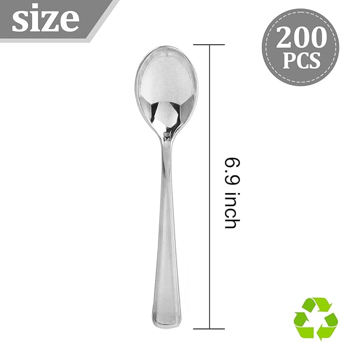 Liacere 200PCS Silver Plastic Spoons - Heavy Duty Disposable Spoons - dessert Spoons for Wedding & Party & New Year & Valentine's Day& Christmas