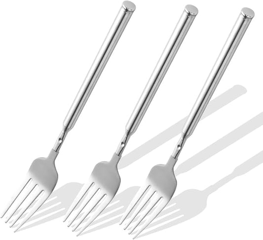 【3 PCS】Extendable Fork for Jokes, Expandable Forks, Extended/Extending/Extend, Extension from 8.7" to 25.4" Long, Stainless Steel Telescopic/Telescoping/Retractable Dinner Fork. Silver