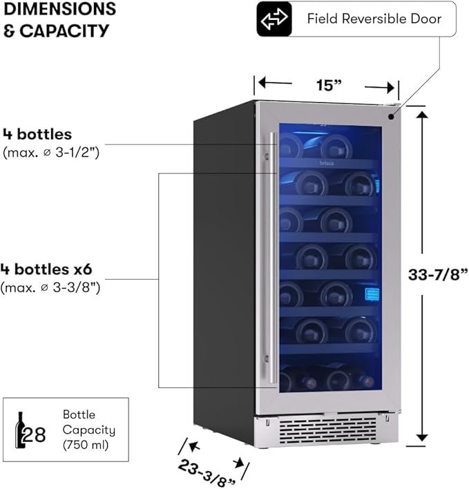 Zephyr Brisas 15 Inch Slim Wine Fridge Single Zone Under Counter - Narrow Mini Wine Cooler Small Cabinet Wine Refrigerator Home Bar Freestanding with Glass Door - 28 x 750ml Bottles