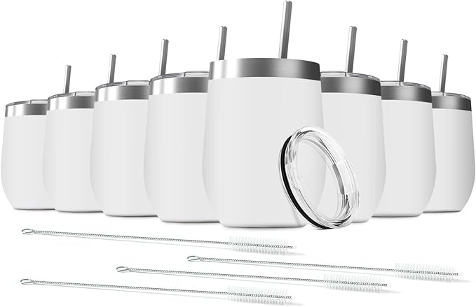 8 Pack 12 oz Stainless Steel Wine Tumbler with Lids, Double Wall Vacuum Insulated Travel Cup Including 8 Straws Set for Coffee, Cocktail, Drink, Tea and Beer (White)